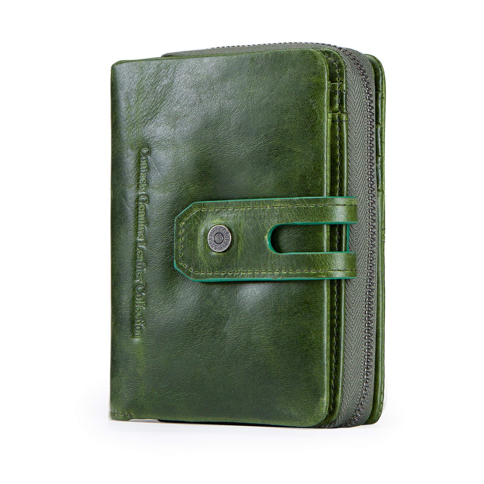 CONTACTS Real Leather Womens Bifold Trifold Wallet Multifunction Card Holder Clutch Travel Purse with Zipper Coin Pocket (Green)