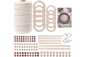 MAOQIAN 120pcs Macrame Kits for Beginners 3mm x 220yards Natural Cotton Macrame Cord Wall Hanging Kit, Best Macrame Supplies for Macrame Plant Hanger with Wooden Beads,Wooden Rings,Wooden Sticks,S Hooks