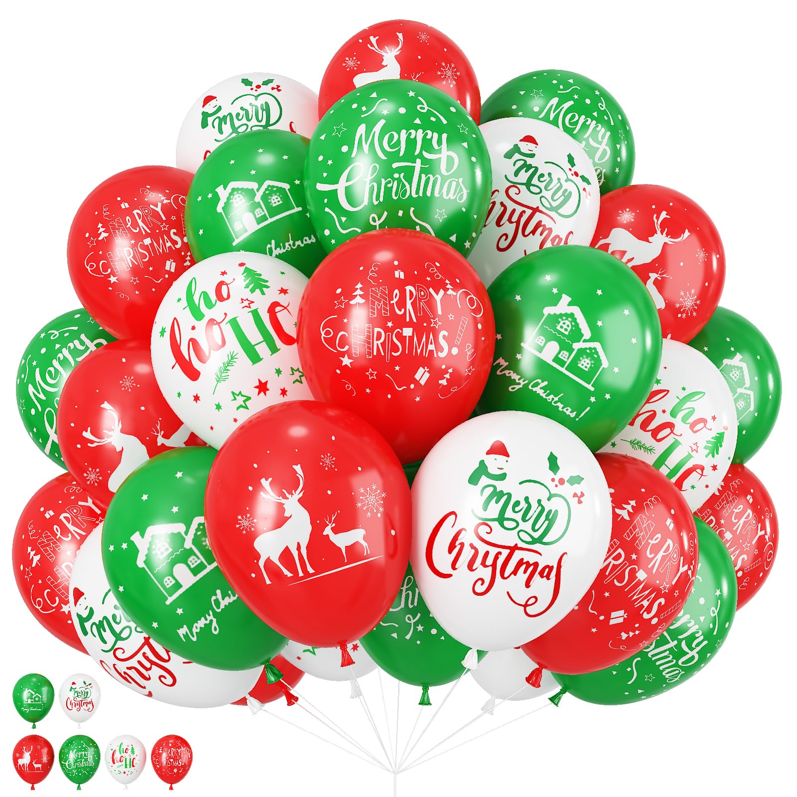 50pcs Latex Balloons - Red, Green, White with Christmas Elk, Tree, Snowman Printing - Merry Christmas & New Year Xmas Theme Party Decorations