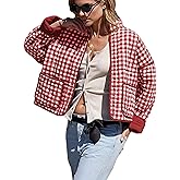 Bozanly Women's Cropped Puffer Quilted Jacket Plaid Printed Lightweight Long Sleeve Zipper Padded Coat