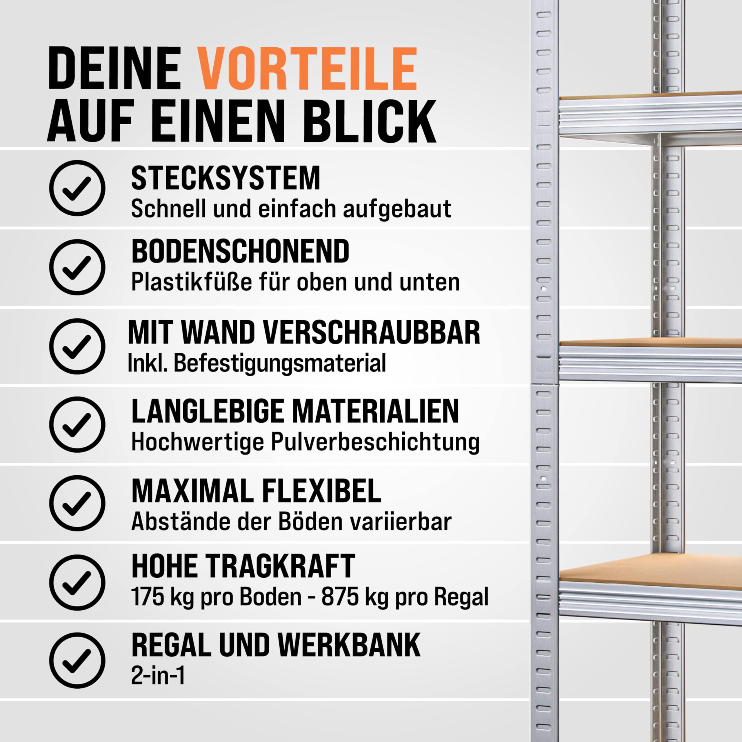 Monzana® 2X Schwerlastregal 180x90x40cm Befestigungsmaterial 1750kg 10 MDF-Platten Kellerregal Lagerregal Steckregal Metallregal Werkstattregal Silber 6