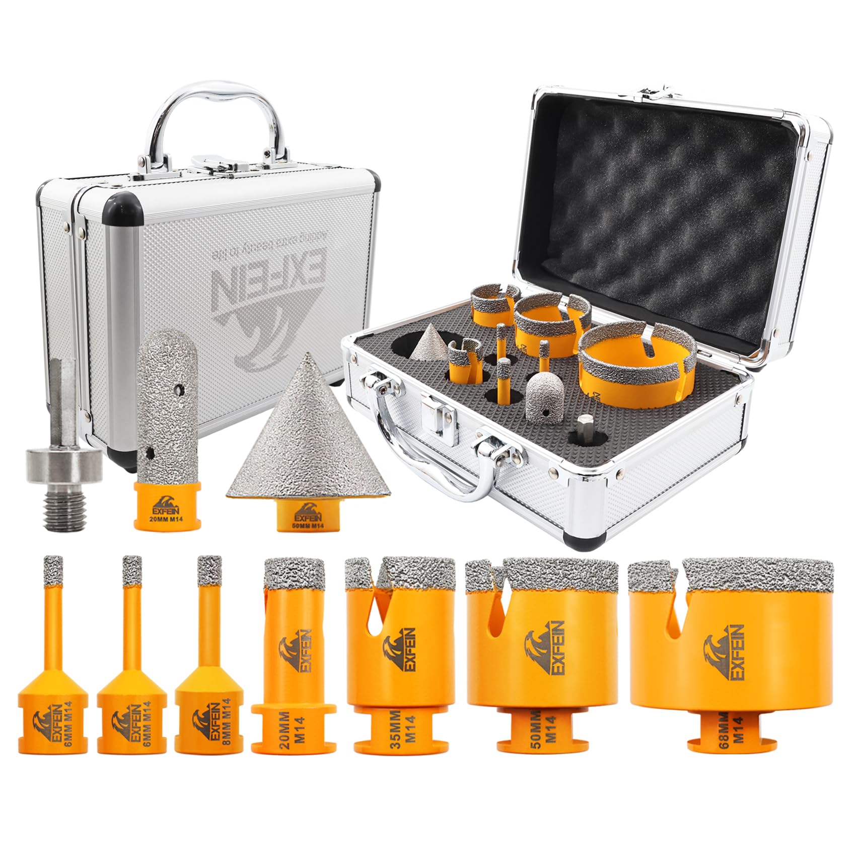 EXFEIN Diamond Core Drill Bits Set 10pcs (6/6/8/19/35/50/65mm Tile Drill Bits + 20mm Finger Bit + 50mm Bevelled Chamfer Bit + Adapter) for Porcelain Tile Ceramic Marble Brick Granite