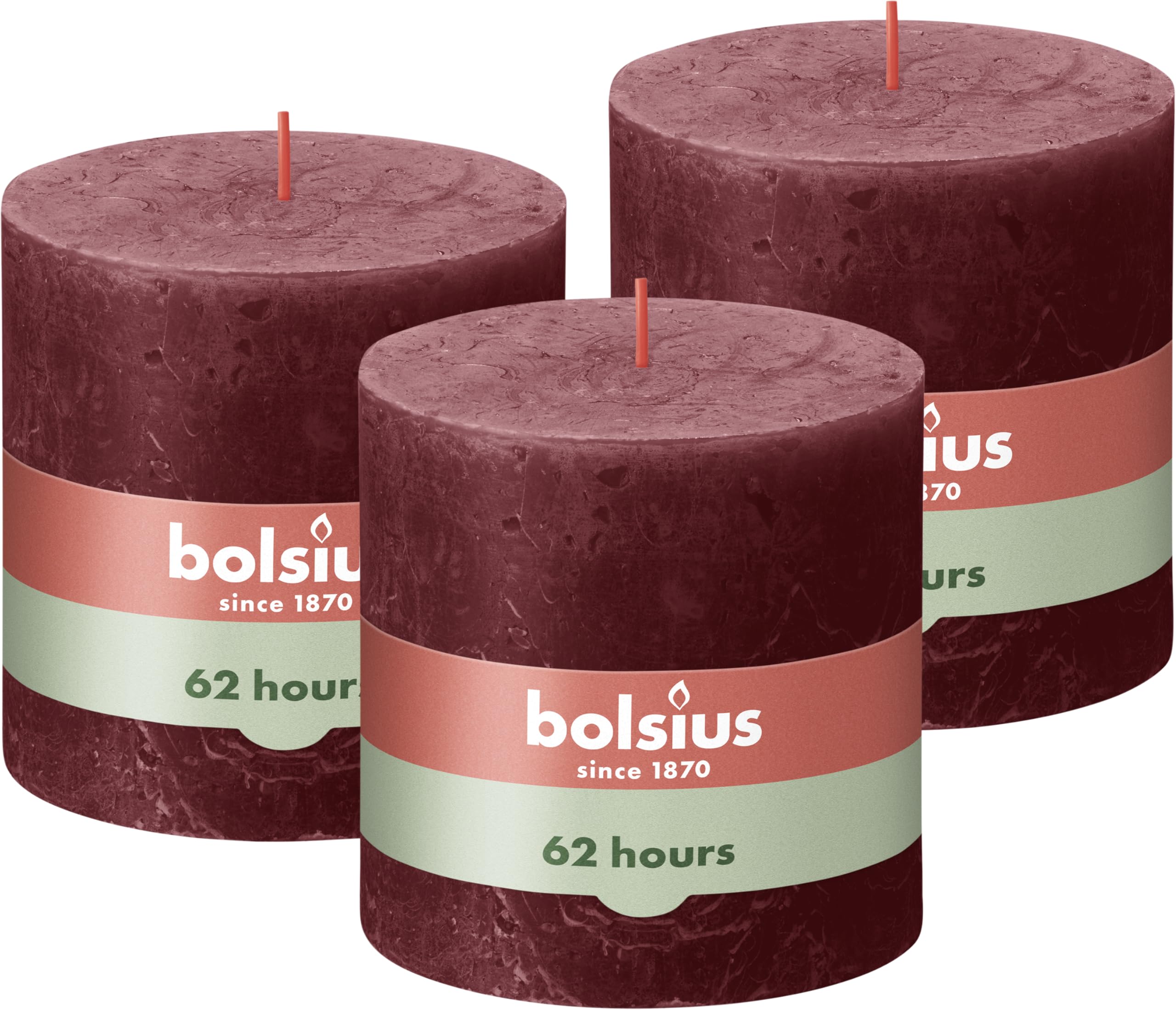 Bolsius Rustic Pillar Candle XXL - Dark Red - Pack of 3 - Long Burning Time of 62 Hours - Interior - Unscented - Includes Natural Vegan Wax - No Palm Oil - 10 x 10 cm