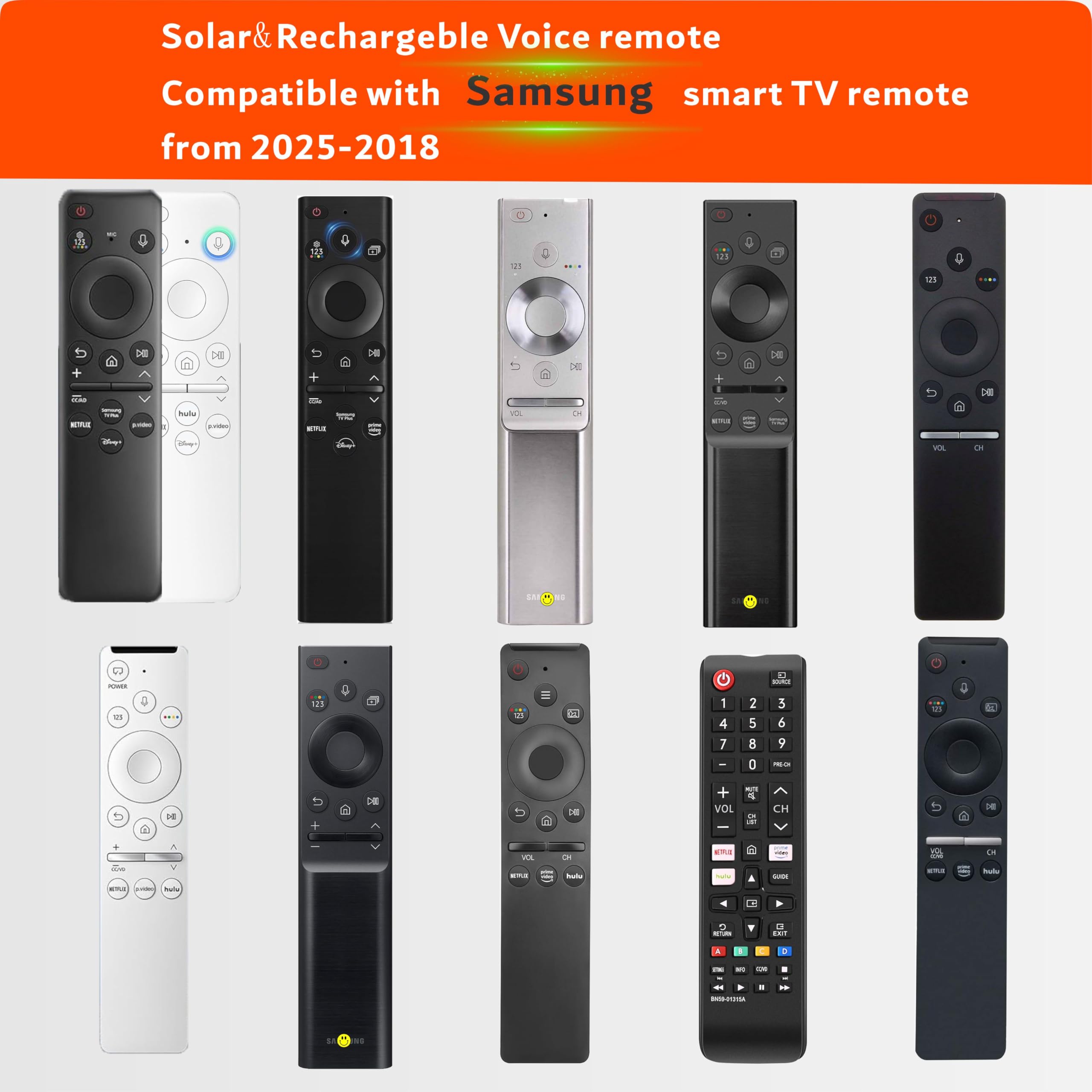 Replacement Solar TV Remote for Samsung Smart TV 2025-2018, Rechargeable, Solarcell, USB-C/Type C Fast Charging, Voice&Bluetooth. Compatbile with Samsung Remote Control for Smart TV. 2-Year Warranty.