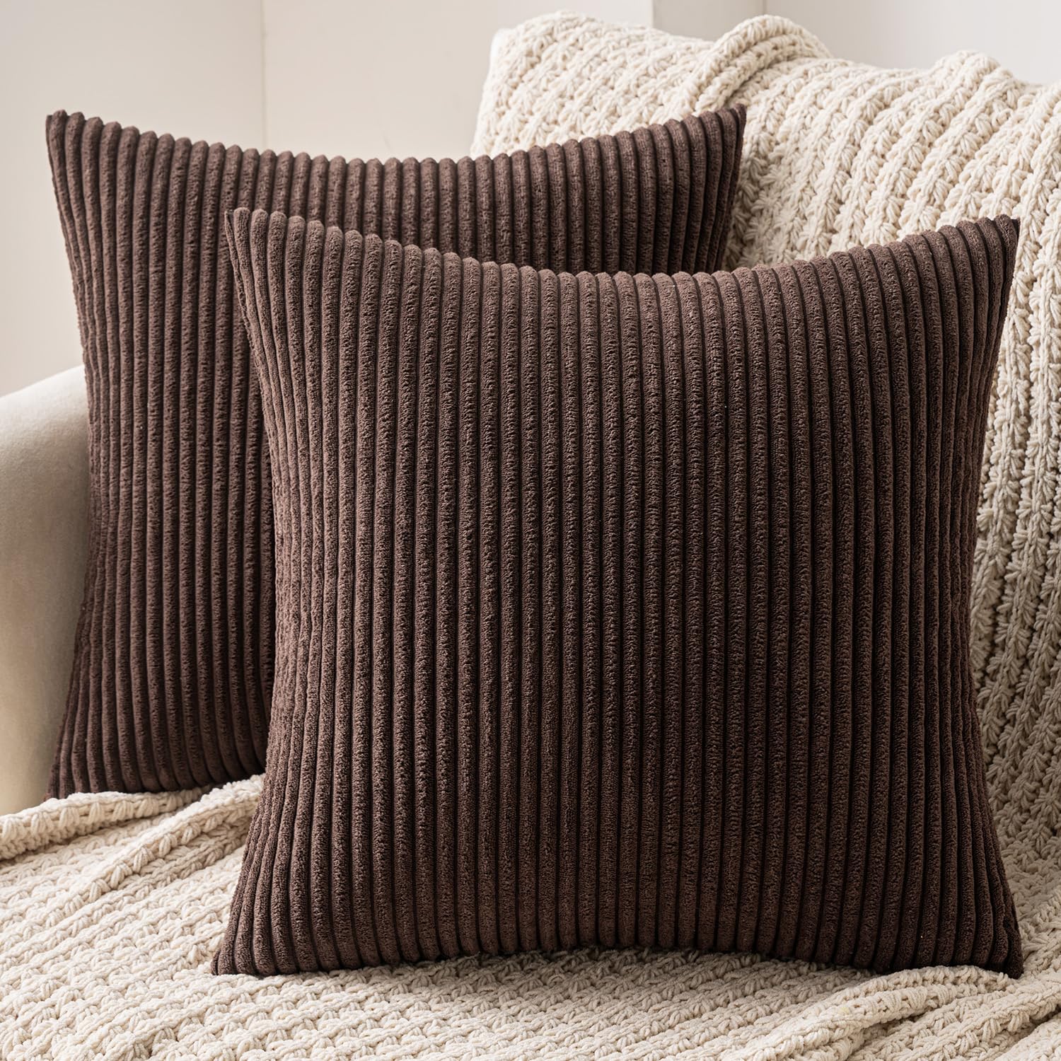 MIULEE Set of 2 Striped Corduroy Square Throw Pillow Case Soft Cushion Covers Sham Home for Sofa Couch/Bedroom Decorative Fluffy Large Pillowcases 16x16 Inch 40x40cm Chocolate — image 1