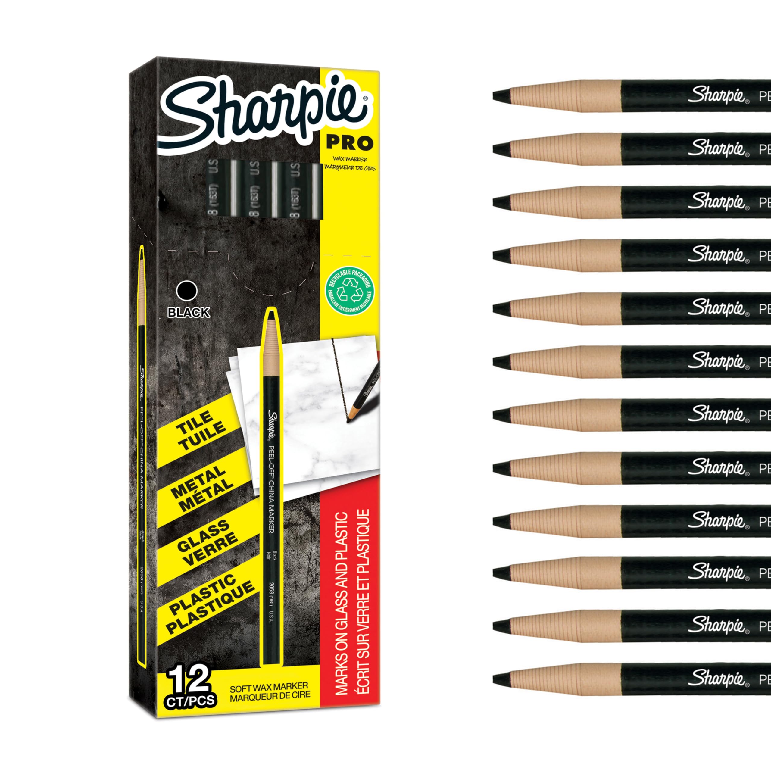 Sharpie Peel Off China Markers | Fine Point | Black | Wax Marks on Glass & Plastic | 12 Count