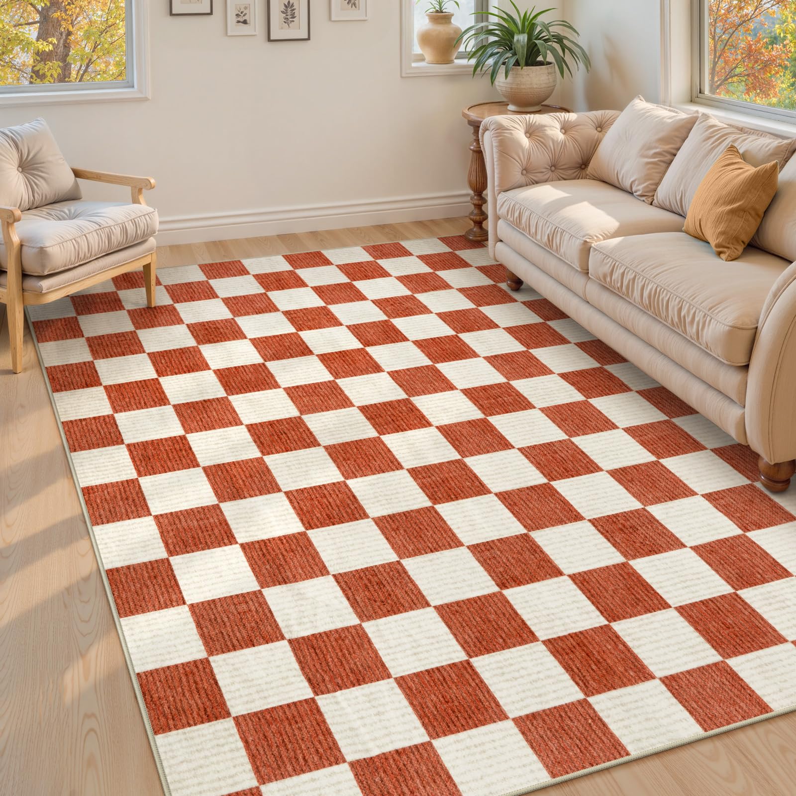 Photo 1 of Machine Washable 5x7 Area Rugs for Living Room Checkered, Non Slip Soft Low Pile Farmhouse Halloween Modern Neutral Playroom Boys Rugs for Bedroom, Large Carpet Rugs for Dining Room(Orange,5'x7')