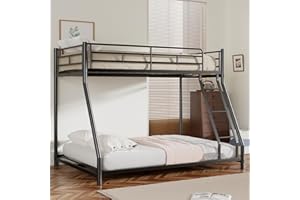 Miscoos Metal Twin Over Full Bunk Bed, Heavy Duty Bunk Beds with Safety Guardrail and Ladder, Noise Reduction, No Box Spring Needed, Black