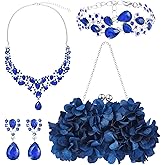 4 Pcs Flower Clutch Rhinestone Jewelry Set Rose Clutch Handbags with Detachable Strap Detachable Necklace Earrings Bracelets for Wedding Party Prom Valentine Gift