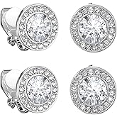 TIESOME 2 Pairs Bling Clip on Dance Earrings, Crystal Clip On Stud Rhinestone Ear Clips Silver Round Earring for Opera Performance Wedding Party Jewelry Non Pierced Stud Earrings For Women