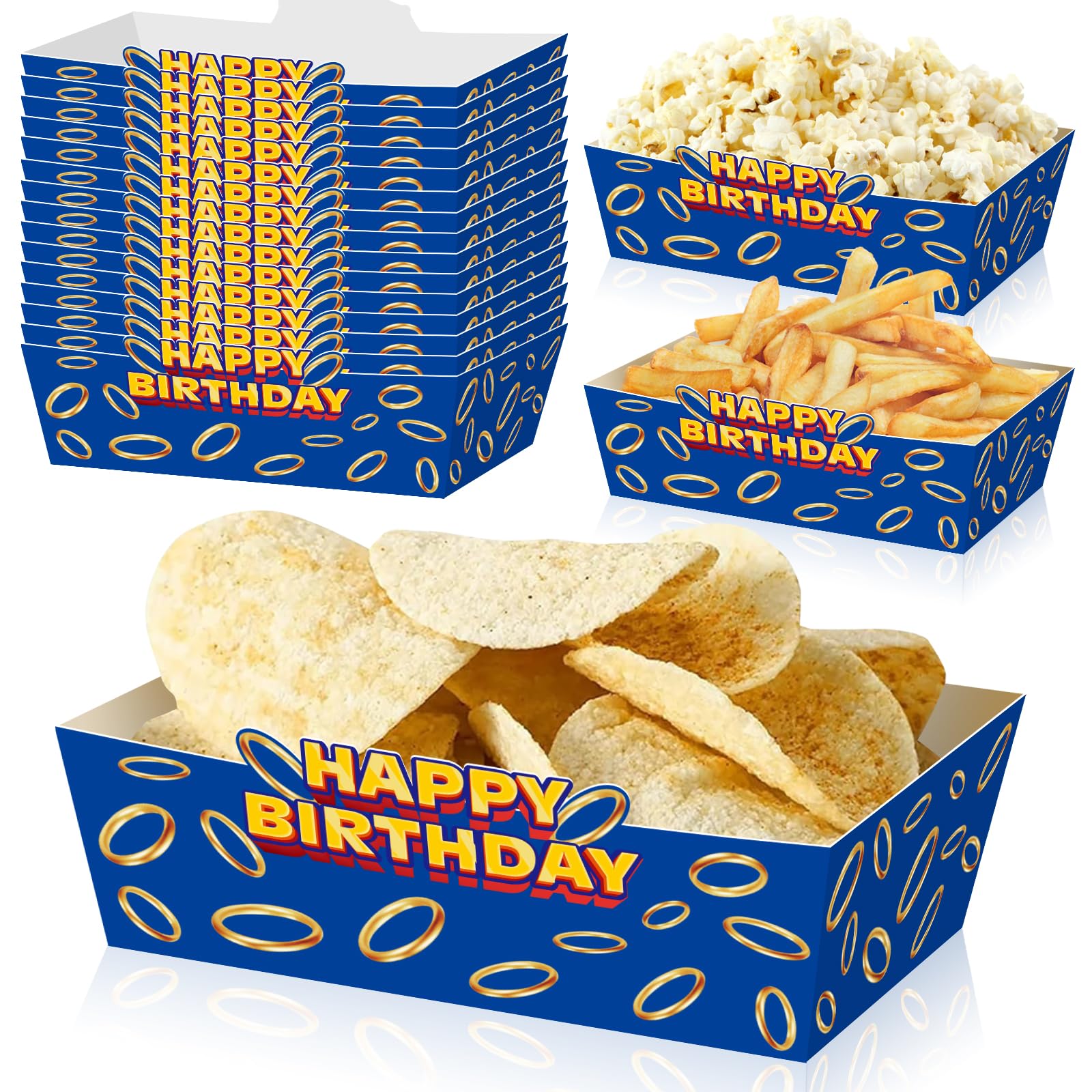 Photo 1 of 25Pcs Blue and Golden Rings Disposable Paper Food Trays for Video Game Theme Birthday Party Supplies Baby Shower Decorations