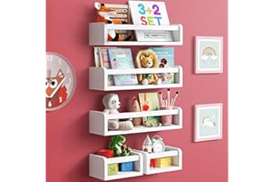 HOMEY PANDA 3+2 Floating Nursery Book Shelves for Wall: 3 Long & 2 Mini Shelves, Bookshelf for Kids & Baby Bookshelf, Nursery Book Shelf for Kids Rooms. Nursery Bookshelf 5-IN1 White