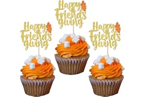 YCTHUNFISH 24 Pack Happy Friends Giving Cupcake Toppers Glitter Happy Thanksgiving Cupcake Picks Thank you Cupcake Decorations Fall Maple Leave Wedding Anniversary Birthday Party Cake Decorations Gold