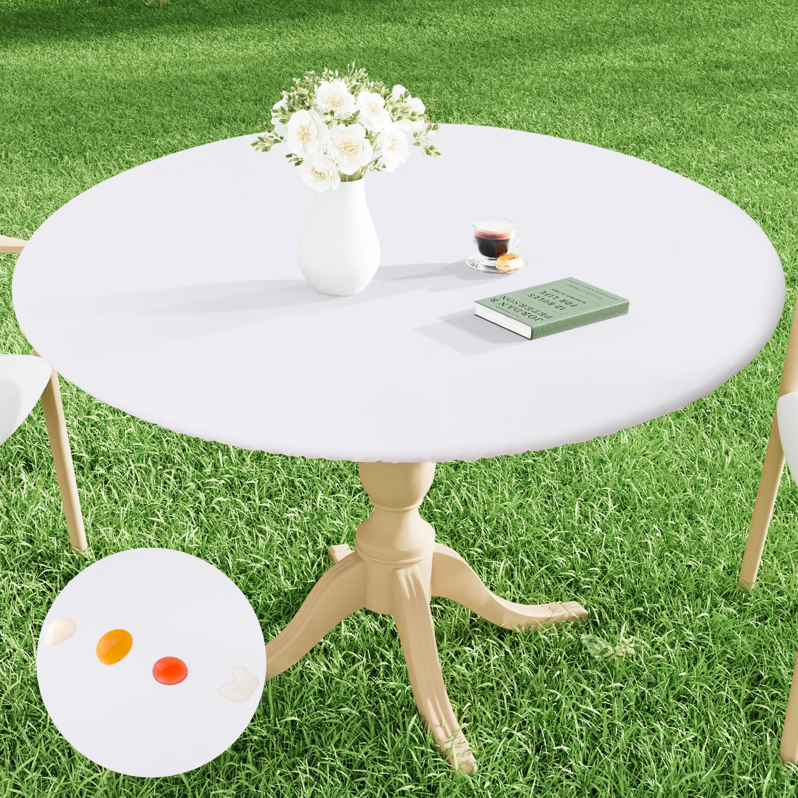 Photo 1 of Smiry Round Picnic Tablecloth, Waterproof Elastic Fitted Table Covers for 36" - 44" Tables, Wipeable Flannel Backed Vinyl Tablecloths for Camping, Indoor, Outdoor, White