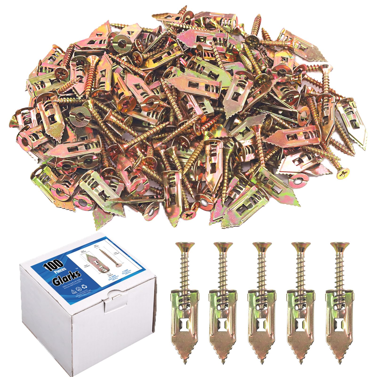 Glarks 100 Sets Drywall Self-Drilling Anchors with Screws, 100Pcs Carbon Steel Hollow Wall Anchor Tapping Screw with 100Pcs Screws Kit, No Drill or Holes in Wall