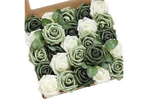 Ling's moment Artificial Flowers 25Pcs Emerald Green Mix Roses Decor w/Stems,3" Real Touch DIY Foam Floral for Wedding Bouque