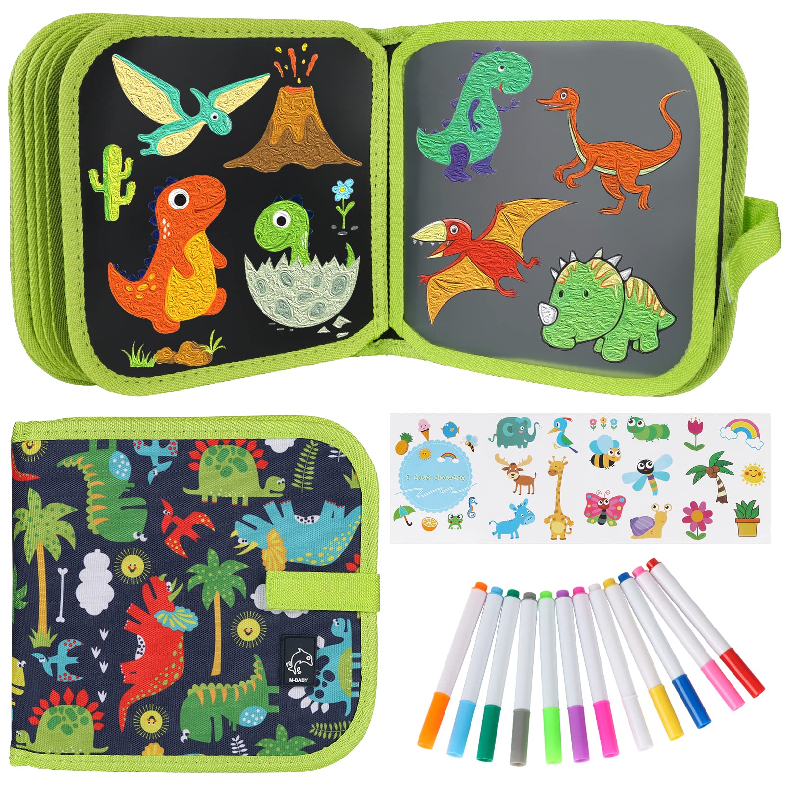 Photo 1 of Qrytoi Erasable Doodle Set for Kids - Reusable Magic Drawing Book with 12 Watercolor Pens 14 Page Drawing, Road Trip Car Game Writing Painting Set for Boys and Girls (Green)