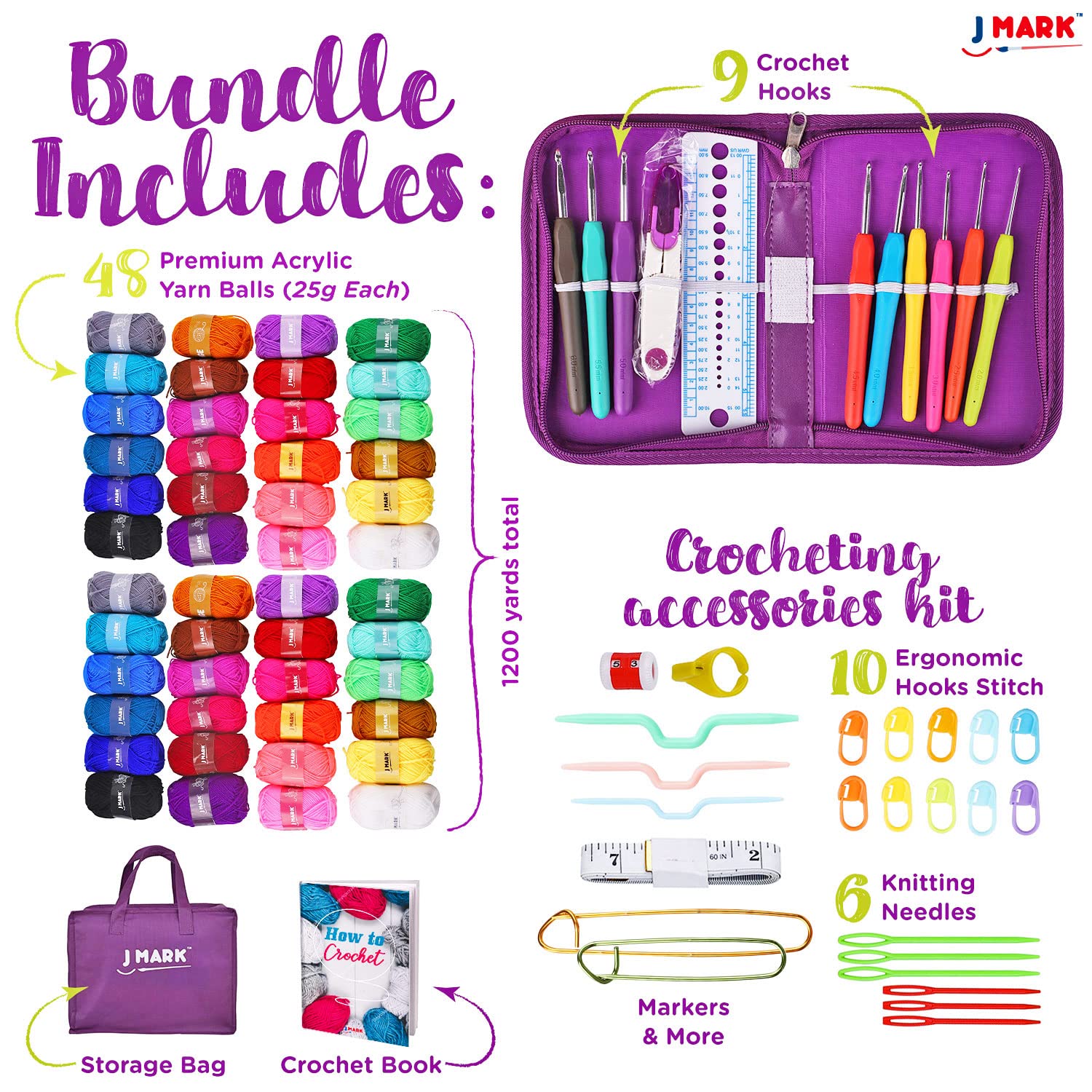 Premium Crochet Kit -Includes 2,640 Yards of Acrylic Yarn for Crocheting Complete Crochet Set