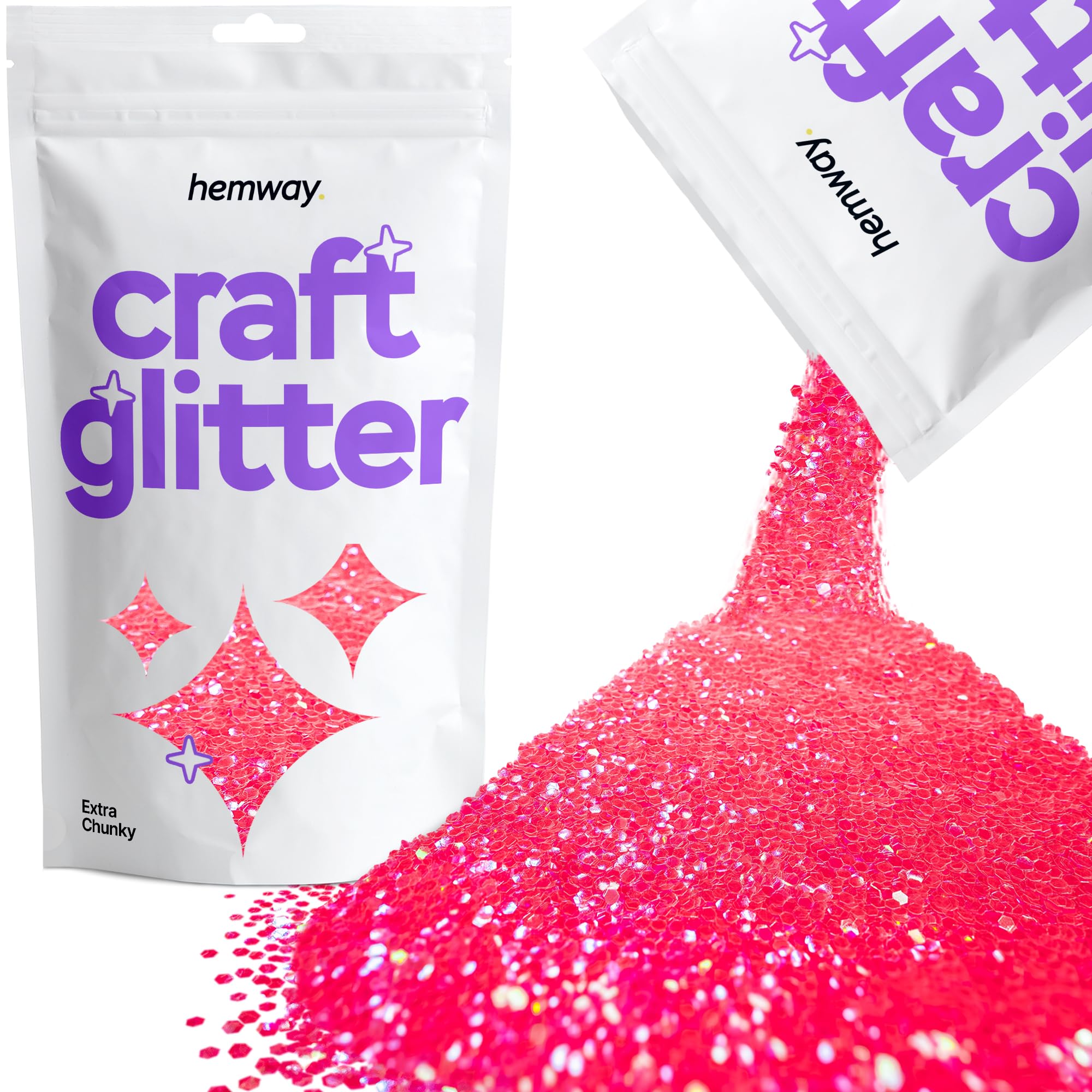 Hemway Craft Glitter Fluorescent UV Neon Pink 100g Extra Chunky Glitter for Crafts, Resin, Cosmetic, Nail, Face, Body, Festival, Tumblers, Art, Candle, Crafting