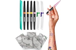 BIC BodyMark Expansion Pack Temporary Tattoo Marker for Skin, Premium Brush Tip, 6 Count Pack of Assorted Colors and Stencils, One Eraser Touch Up Pen, Skin-Safe Temporary Tattoo Markers Set
