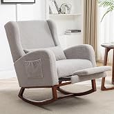 HCHAIRH Rocking Chair Nursery with Foot Rest, Wingback Nursery Rocking Chairs, Grey Teddy Nursing Glider Rocker Chair with Pillow and High Back for Nursery, Living Room, Bedroom，Grey