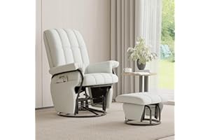 JIASTING 360° Swivel Leather Recliner Chair with Ottoman & Double Side Pockets, Nursing Glider Rocking Recliner Chair, Gliding Chairs for Nursery, Living Room, Office, Bedroom, Metal Frame (White)