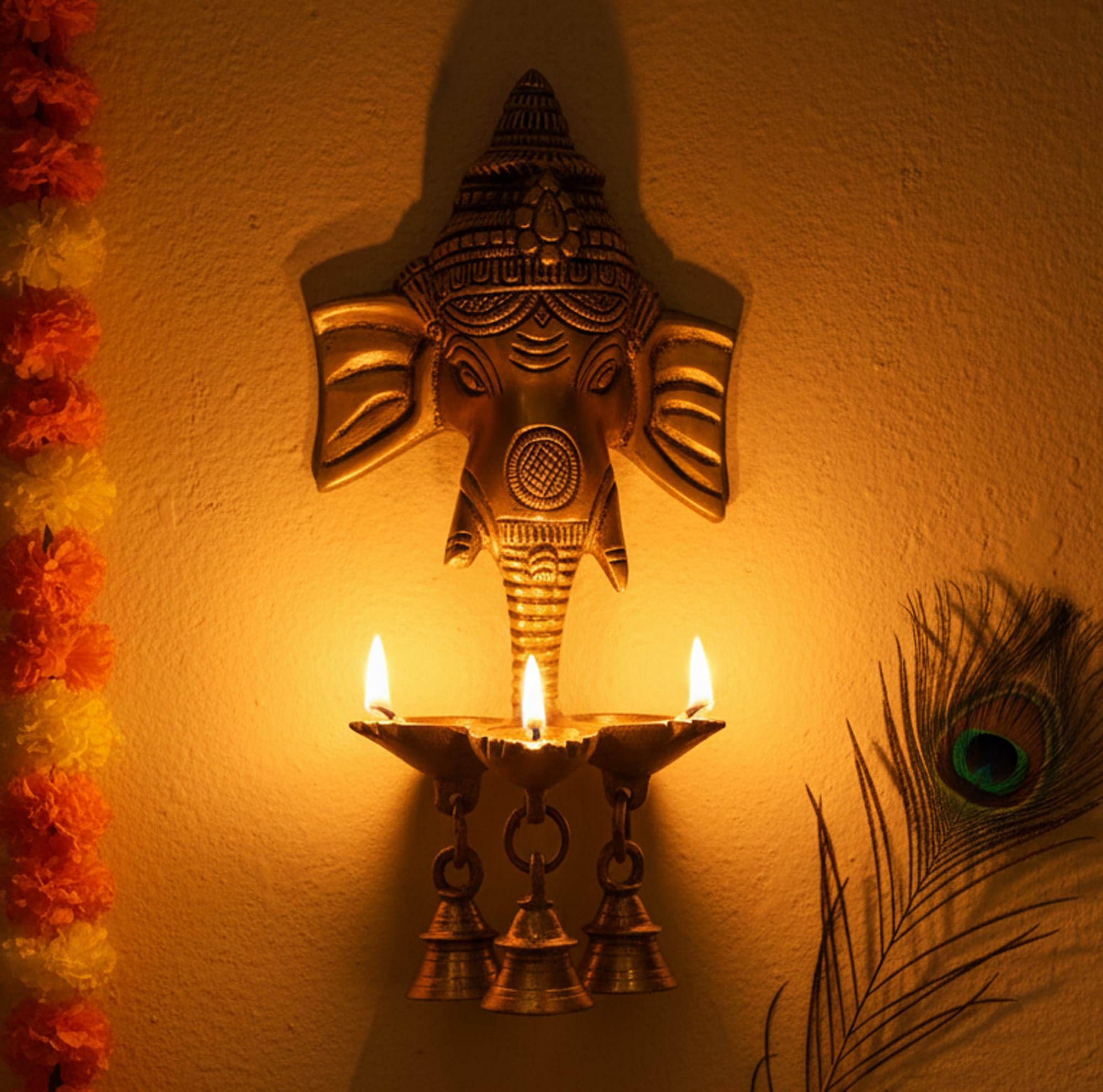 ESPLANADE - 9.5" Brass Ganesha Ganesh Ganpati Wall Hanging Deepak With Bells | Brass Diya | Brass Oil Lamp