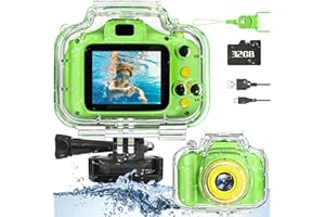 Miiulodi Kids Waterproof Camera - Birthday Gifts for 3 4 5 6 7 8 9 10 Year Old Boys 2 Inch IPS Screen Underwater Action Camera with 32 GB SD Card, Pool Toys for Kids Age 8-12 Green