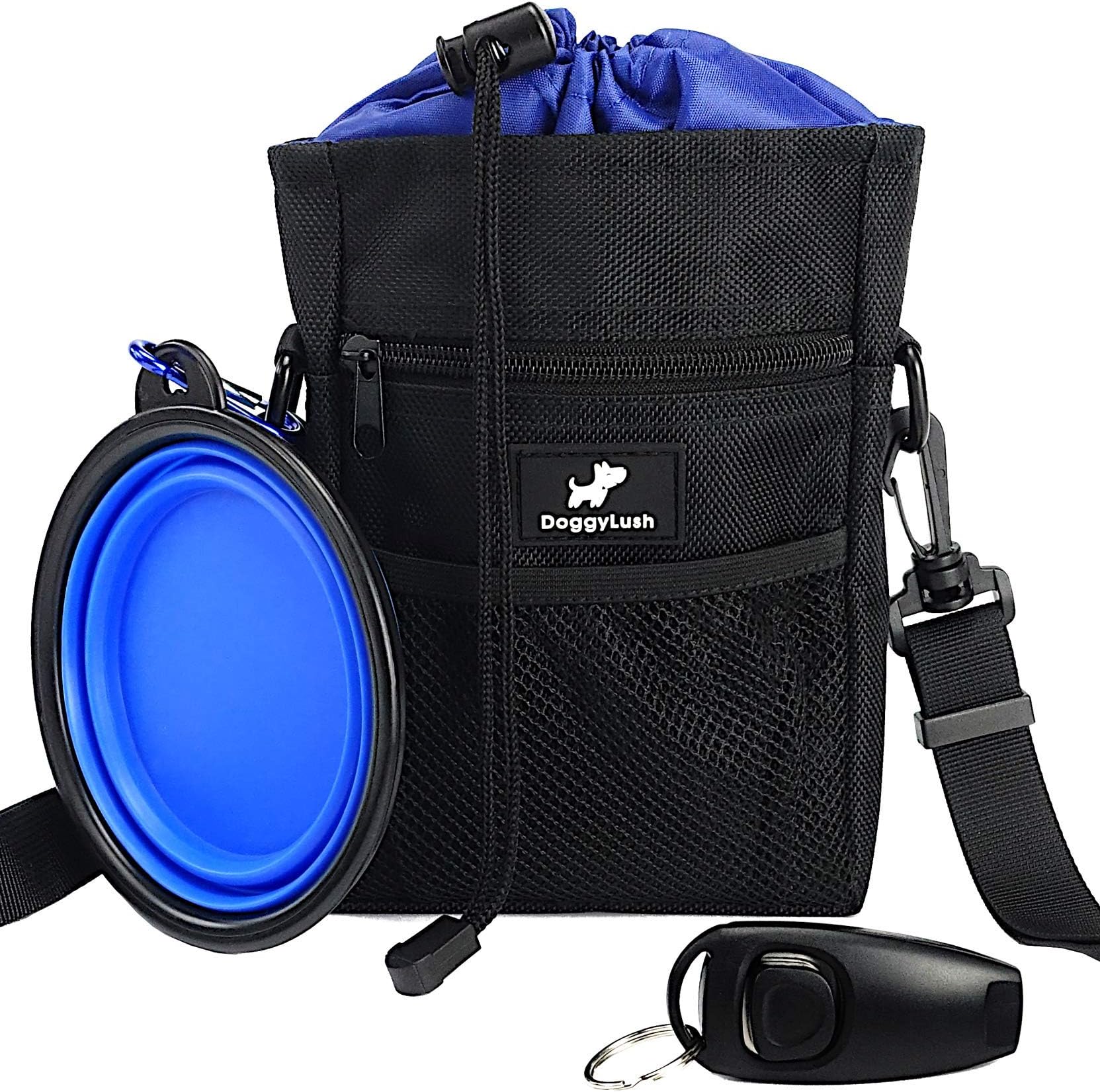 DoggyLush Dog Treat Pouch Bag. Ideal as a Dog Walking Bag or Puppy Treat Bag. Dual Clicker Whistle & Bowl. Shoulder & Waist Belt. Holder of Treats and other Dog Accessories