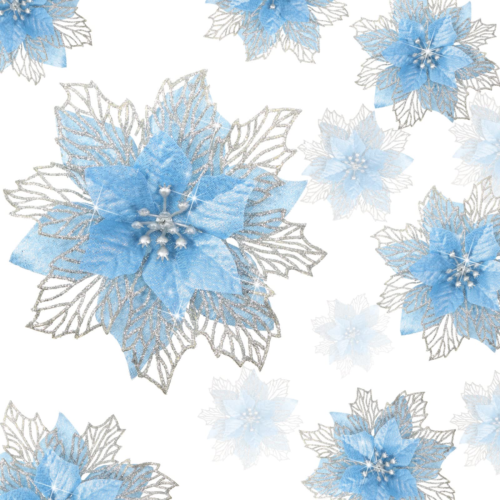 Geosar 36 Pcs 3 Size Christmas Poinsettia Flowers 3'' 4'' 6'' Tree Decorations Glitter Faux Flowers Xmas Artificial Poinsettia Ornaments New Year for Party Favor(Blue)