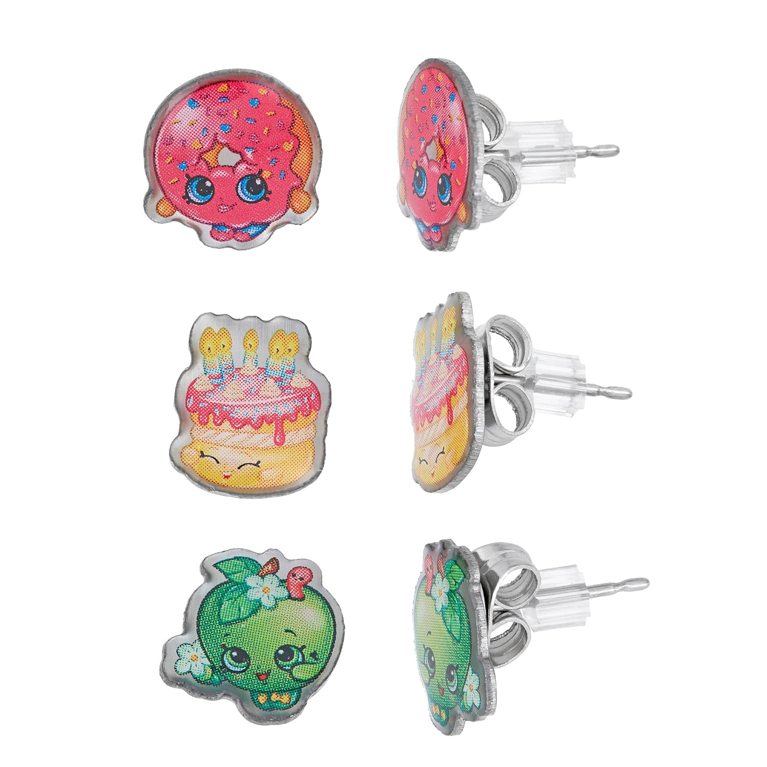 Shopkins Stainless Steel Trio Earrings Set D'Lish Donut , Wishes , Apple Blossom