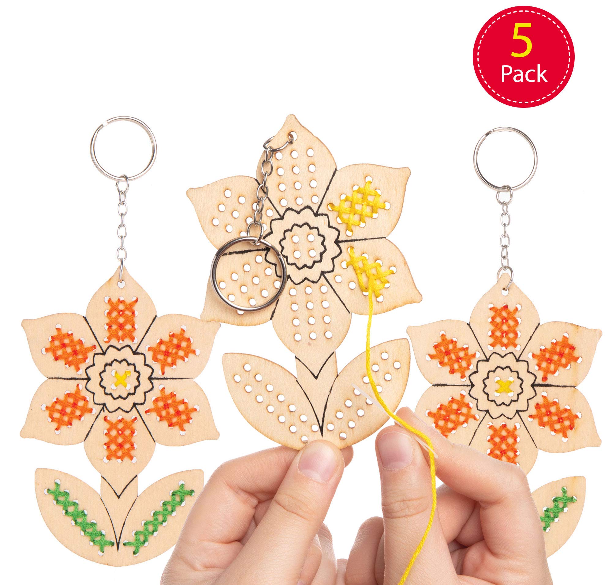Baker Ross Daffodil Wooden Cross Stitch Keyrings - Pack of 5, Easter Crafts for Kids (AT605)