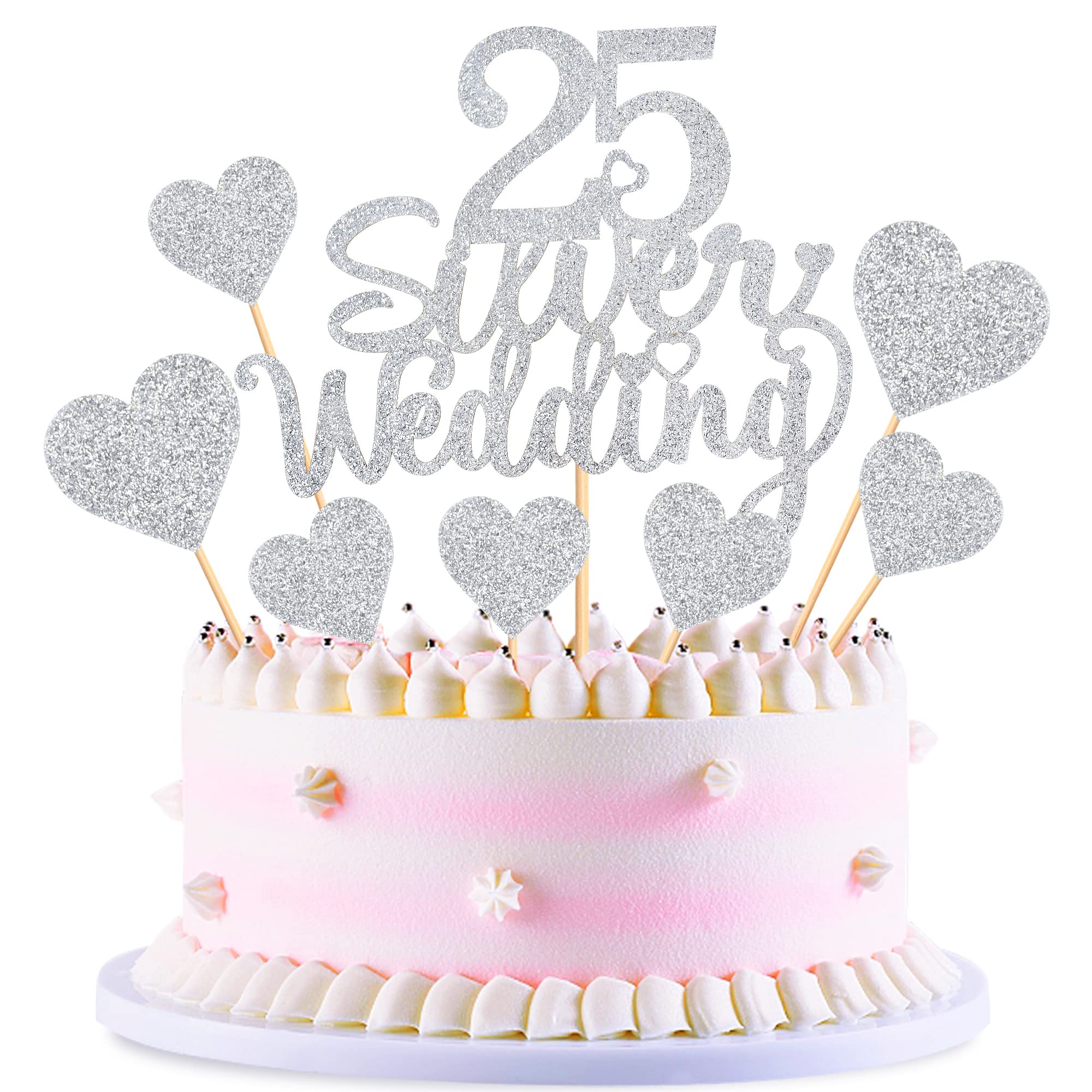 Blumomon 25Pcs 25th Anniversary Cake Toppers Silver 25th Weddding Anniversary Heart Cake Decoration for 25 Silver Wedding Celebration Party Supplies