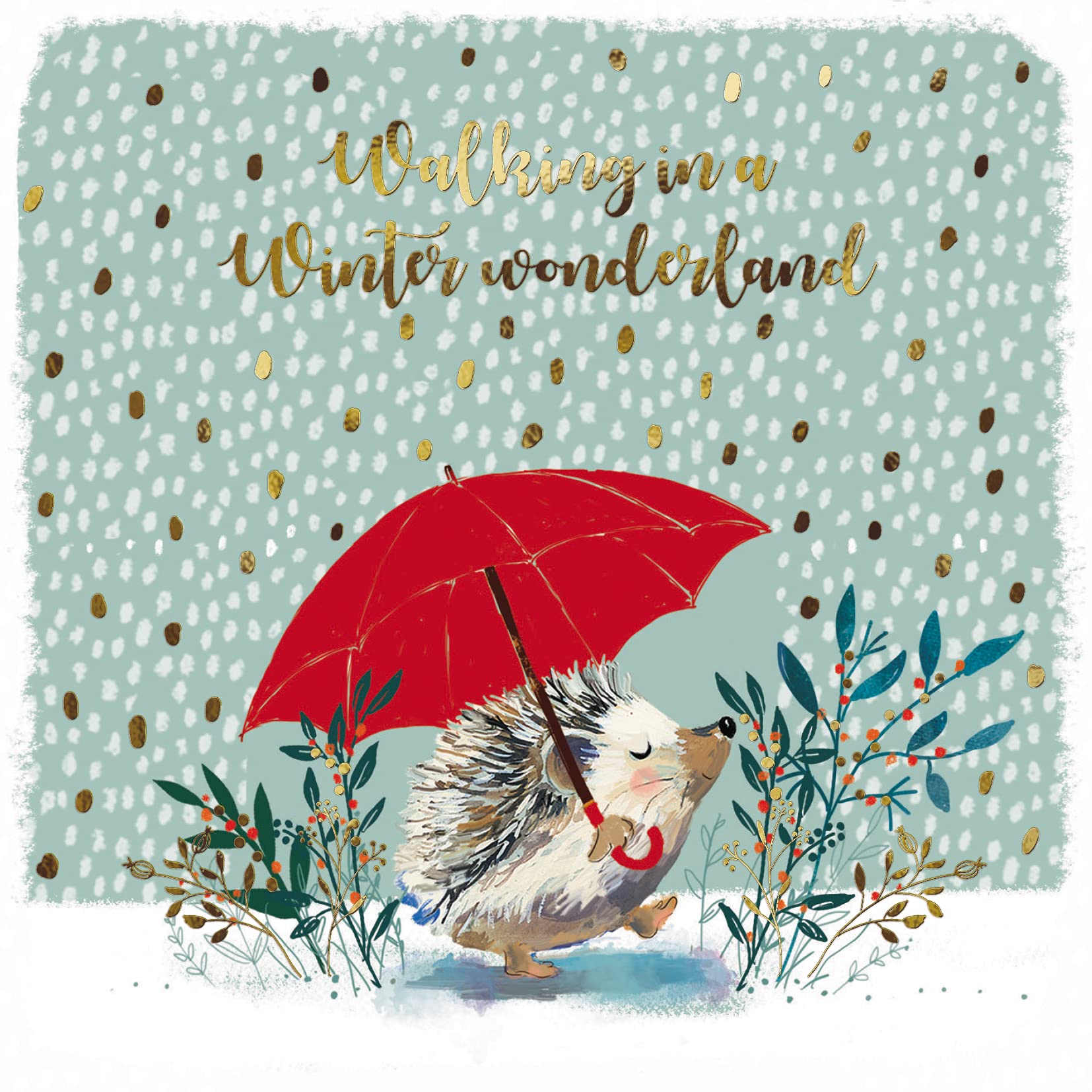 Ling Design Pack of 6 Charity Christmas Cards - 'Walking Under the Snow' - Cute Hedgehog with Umbrella - 6 Cards of 1 Design - Gold Foil Finish