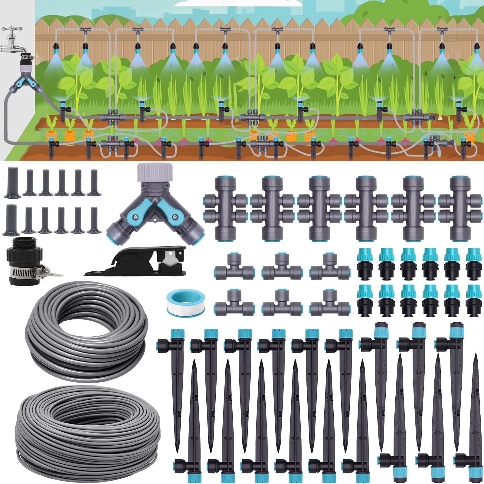 Photo 1 of 230FT Drip Irrigation System, Quick-Connect Automatic Garden Watering Misting System, with 1/2 inch and 1/4 inch Distribution Tubing, Drip Irrigation Kit for Lawn, Greenhouse, Patio