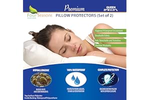 FOUR SEASONS ESSENTIALS Queen Size Waterproof Pillow Protectors (Set of 2) – Zippered Hypoallergenic Pillowcase Cover Allergen Dust Proof Encasement