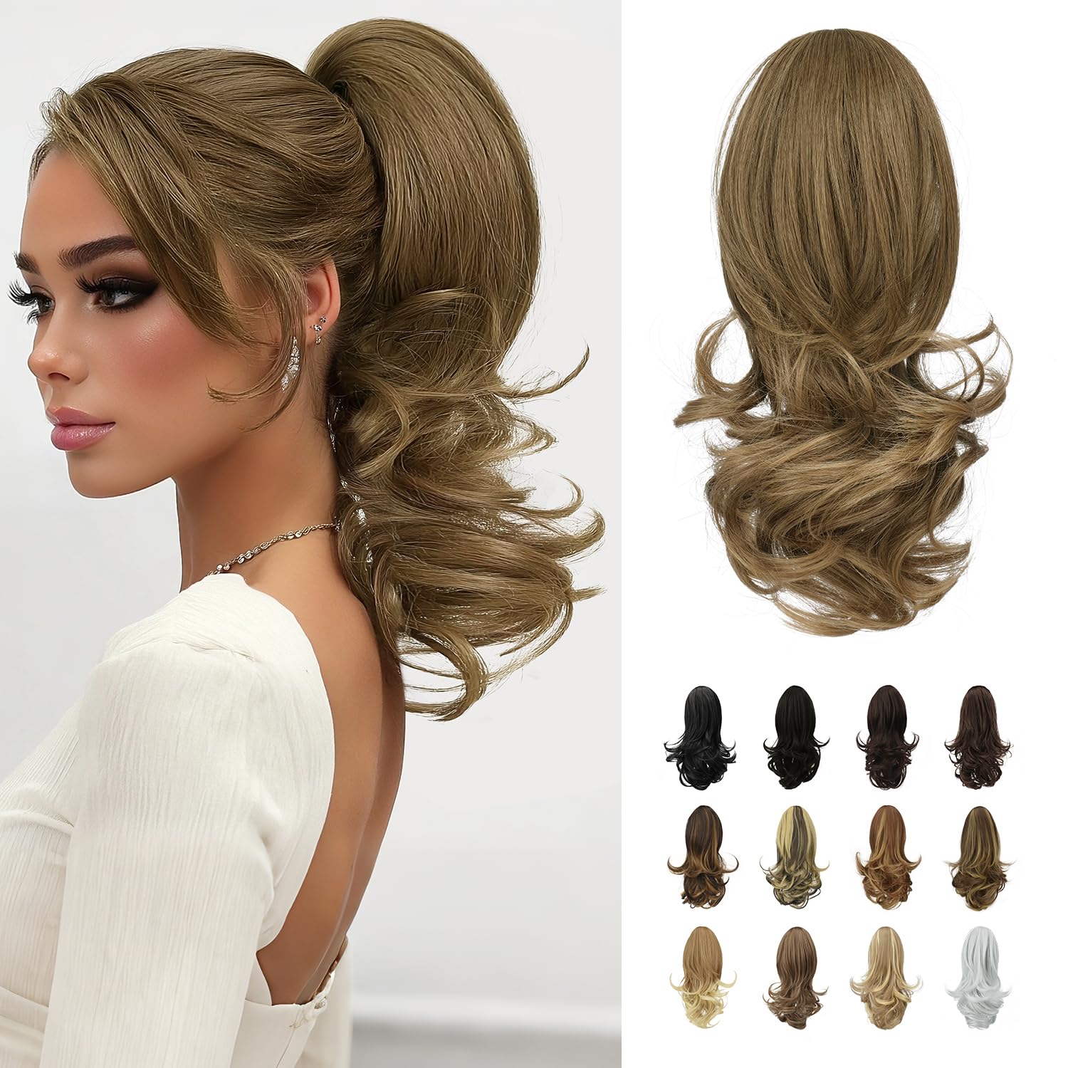 Sofeiyan 13" Ponytail Extension Long Curly Ponytail Clip in Claw Hair Extension Natural Looking Synthetic Hairpiece for Women,Golden Brown to Ash Brown