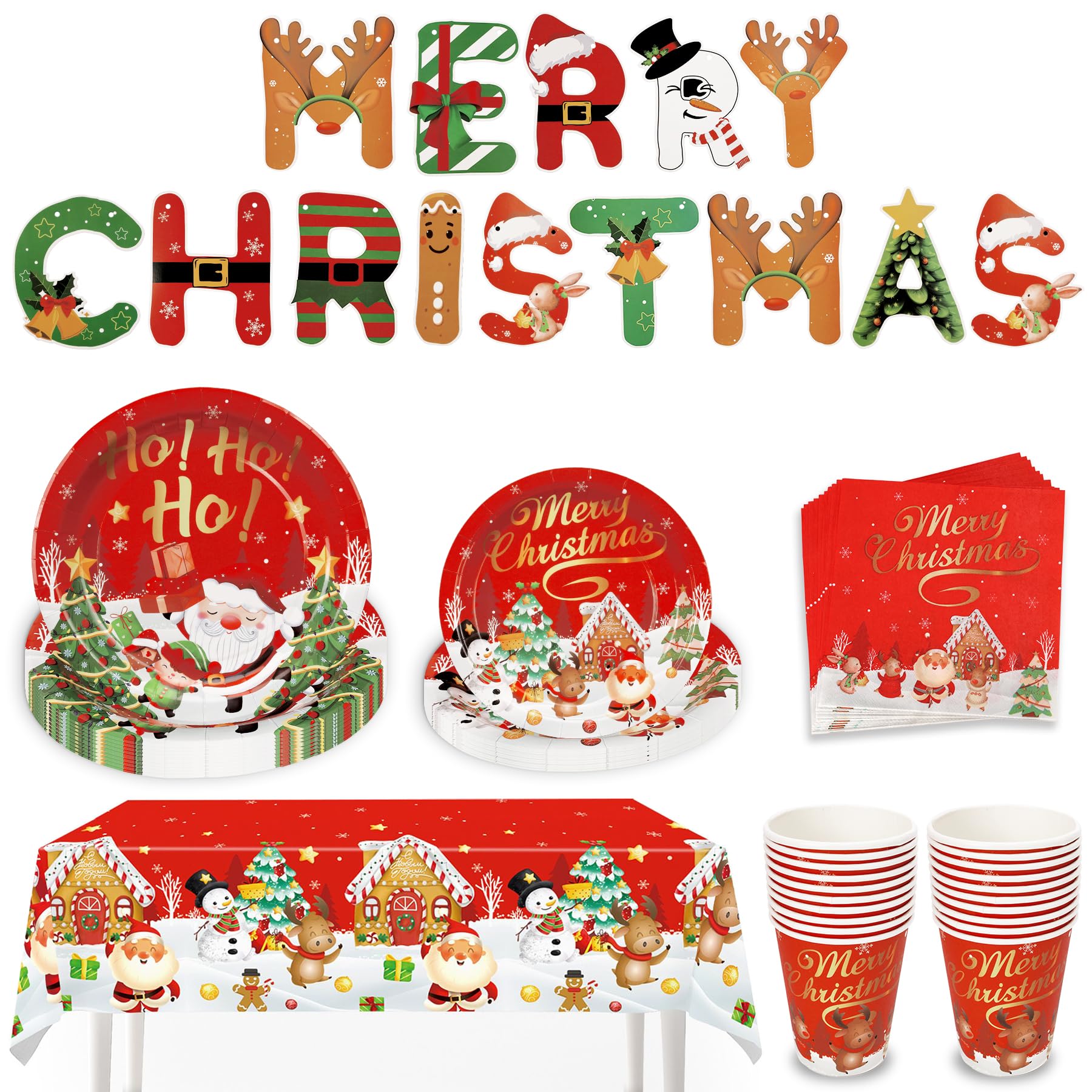 Christmas Party Tableware Set for 20 People, 82Pcs Xmas Decoration Paper Dinnerware Set with Christmas Banner Plastic Tablecloth, Plates, Napkins, Cups & Party Supplies