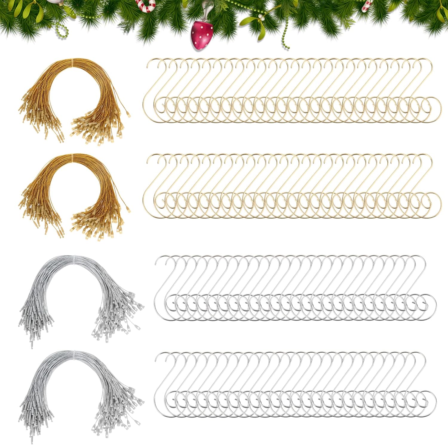 Ornament Hooks - Christmas Ornaments Hanger String 200Pcs Silver+200Pcs Gold +50Pcs Silver Ornament Hooks+50Pcs Gold Ornament Hooks Ribbon Ropes Precut String with Snaps Locking for Xmas Ornament Hanging Decorations