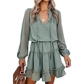 BTFBM Long Sleeve Fall Dresses for Women 2026 Summer Casual Tie Neck Ruffle Tiered A Line Wedding Guest Short Mini Dress