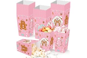 FHzytg 24 Pcs Christmas Popcorn Boxes, Pink Gingerbread Man Christmas Popcorn Bowls Bags Bucket, Xmas Treat Boxes Cookie Container Goodie Candy Boxes Xmas Party Favor Boxes