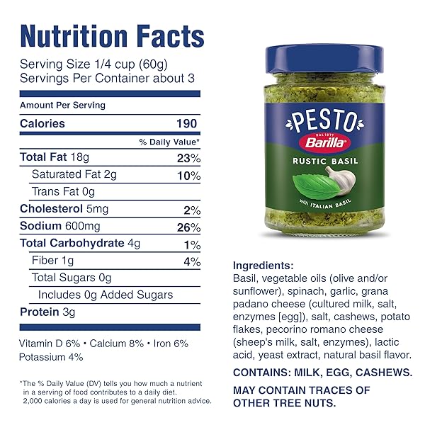 BARILLA RUSTIC BASIL PESTO SAUCE MADE WITH ITALIAN BASIL AND CHEESES, 6.5 OZ. JAR, PASTA SAUCE AND SPREAD