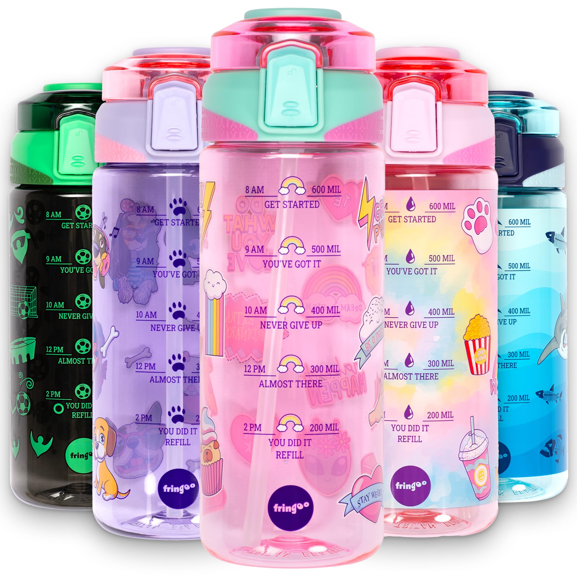Fringoo - 650ml Kids Water Bottle - Carry Handle 100% Leakproof & BPA Free Tritan Silicon Straw - Secure Flip Lock Lid, Pink Girls World Design