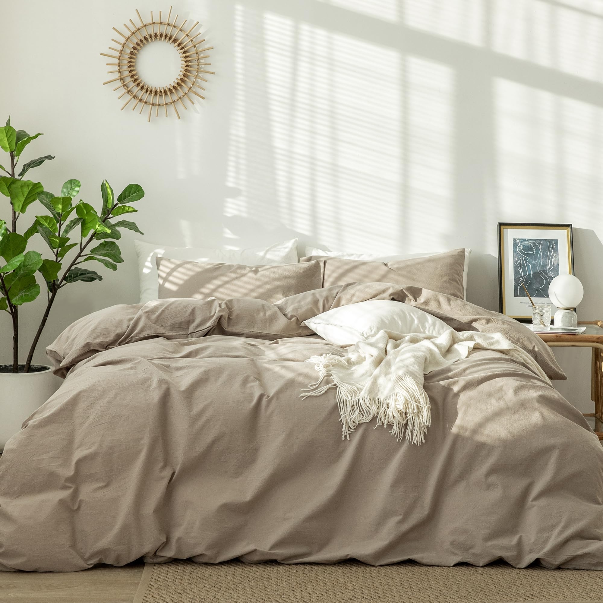 Photo 1 of MooMee Bedding Duvet Cover Set 100% Washed Cotton Linen Like Textured Breathable Durable Soft Comfy (Solid Light Camel, King 104"x90")