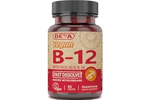 DEVA Vegan Vitamin B12 Fast Dissolve Supplement - Once-Per-Day Complex with 1000 Mcg Methylcobalamin B12, Folic Acid, B6 - Lemon Flavor - 90 Dissolvable Tablets,