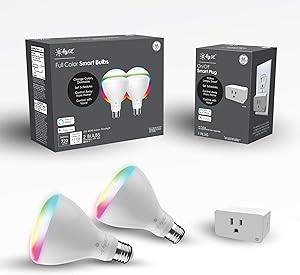 C by GE Smart Flood Light Bulbs + Smart Plug (2 LED BR30 Full Color Smart Light Bulbs + Smart Plug), Google Home and Alexa, Light Bulbs, Color Changing Light Bulbs, Smart Plug that Works with Alexa