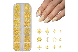 WWYICHEN 3D Star Nail Charms, Sun Moon Stars Metal Nail Charms for Nails Art Design, 12 Styles(Gold)