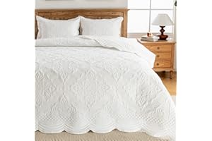 meadow park Embroidered Quilt Set King Size - 3 Pieces, Washed Cotton Blend Lightweight Bedspreads with Scallop Edges, Reversible Coverlets Bed Cover All Season Quilts-Ivory