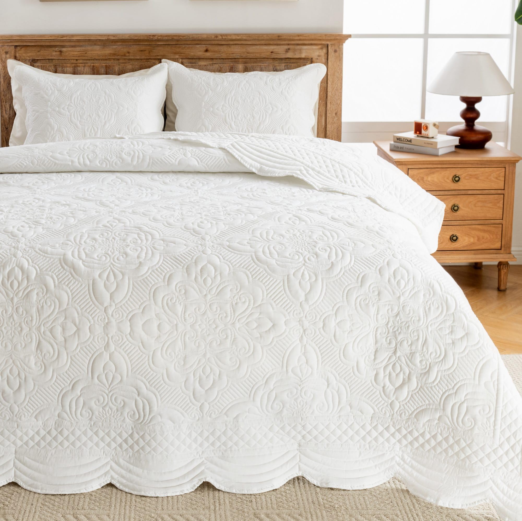 Photo 1 of meadow park Embroidered Quilt Set Queen Size - 3 Pieces, Washed Cotton Blend Lightweight Bedspreads with Scallop Edges, Reversible Coverlets Bed Cover All Season Quilts-Ivory