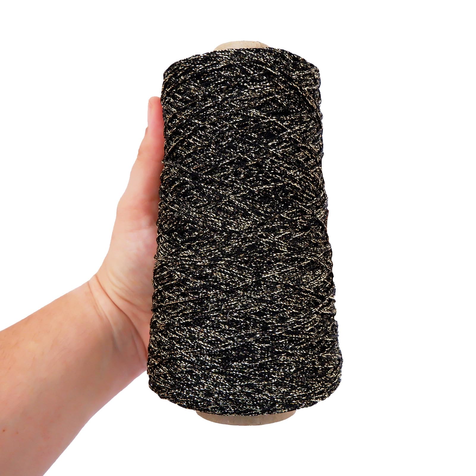 TEXTEX = Lamé Cuquillo Cone with Lurex. Yarn for Knitting, Crochet, and Crocheting. Composition 95% Rayon and 5% Lurex. 1 Cone of 200g and 400mts - (Black and Gold)